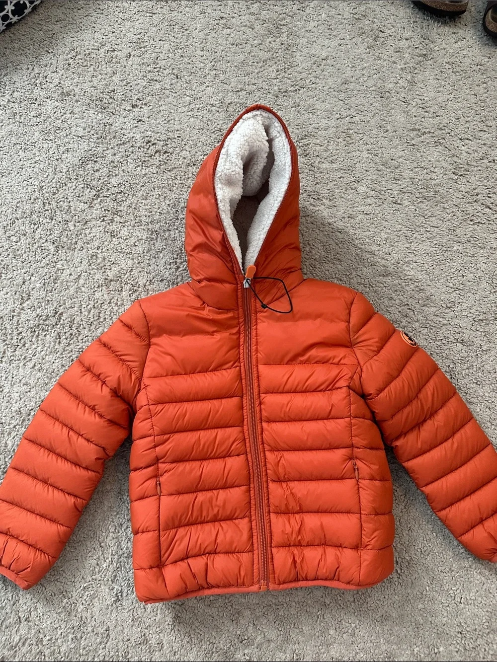 NWOT SAVE THE DUCK Kids Orange Hooded Puffer Jacket with Sherpa Lining